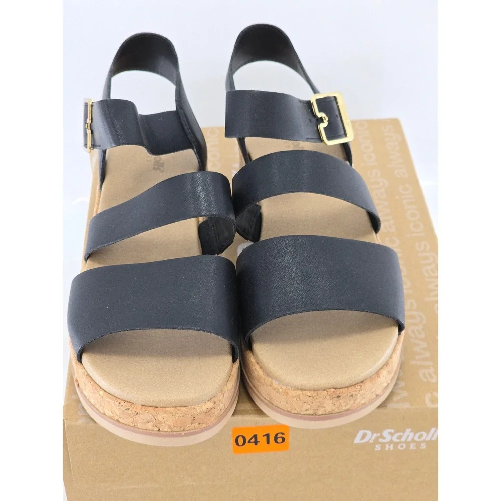 Dr. Scholl's Once Twice Sandals Womens 8 Black Strappy Cork Wedge -Excellent